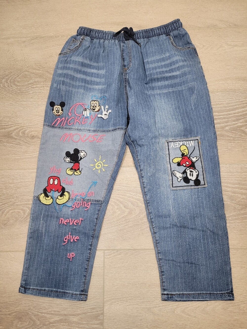 Y2K Mickey Mouse Blue Denim Embroidery Pull Up Pant Size: W27